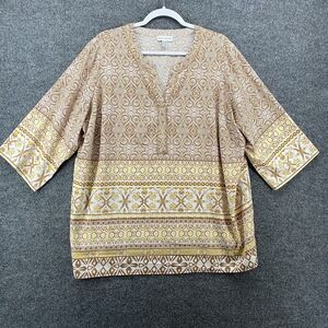 Susan Graver Blouse Top Petite 2X Beige Pullover Tunic Hippie Boho Casual Resort